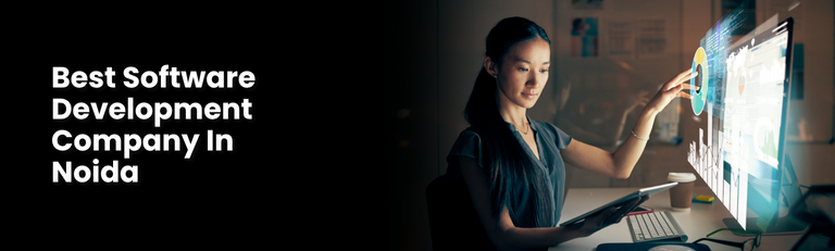 Woman using futuristic touchscreen interface in modern office with text 'Best Software Development Company in Noida' displayed on the left.