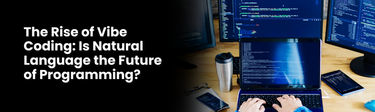 Person coding on laptop with multiple screens displaying code – blog banner for “The Rise of Vibe Coding: Is Natural Language the Future of Programming?