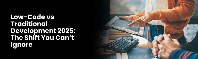 Business professionals collaborating on laptop and tablet devices discussing low-code vs traditional development strategies in modern office setting.