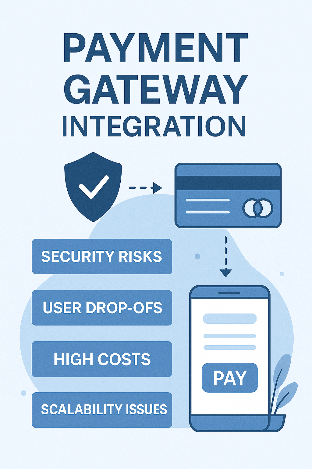 Common challenges without Payment Gateway Integration: security risks, user drop-offs, high costs, scalability issues