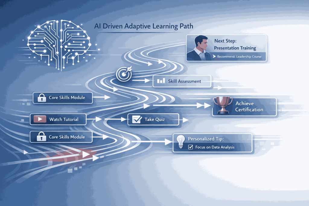 AI driven adaptive learning path illustration showing branching routes, skill modules, tutorials, quizzes, recommendations, and certification milestones connected through dynamic flowing lines and digital brain elements.