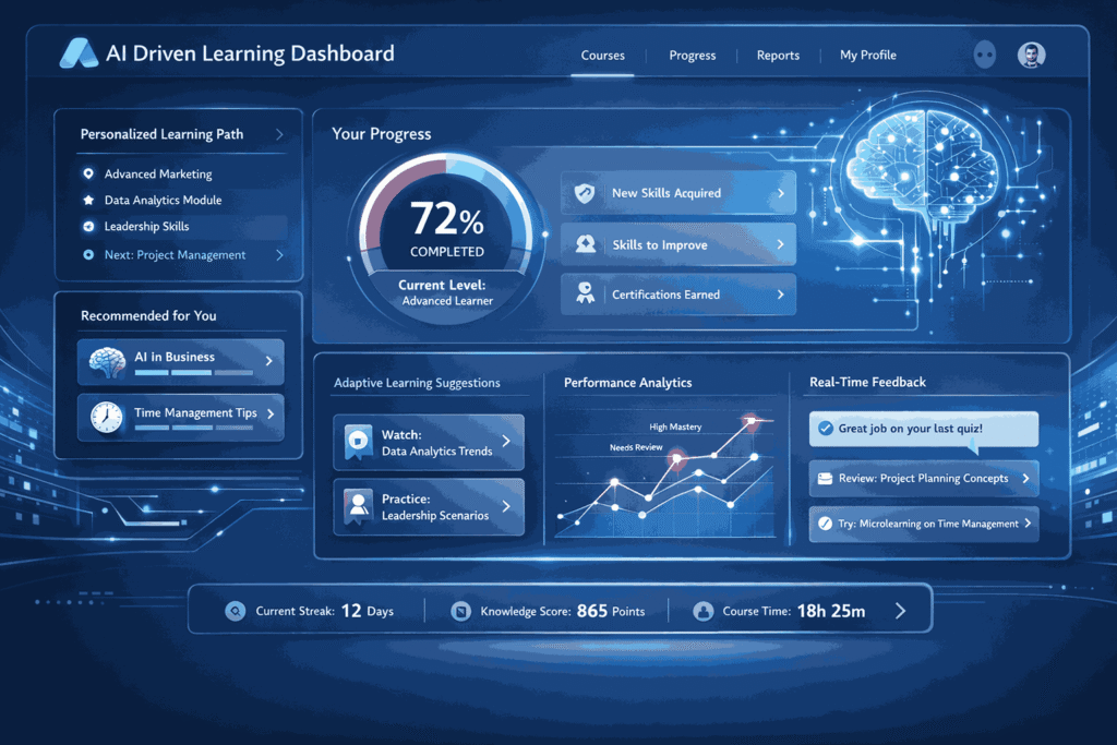 AI Driven Personalization in LMS, with learning dashboard interface displaying personalized learning paths, progress analytics, skill insights, adaptive suggestions, and real‑time feedback in a modern, tech‑focused design.