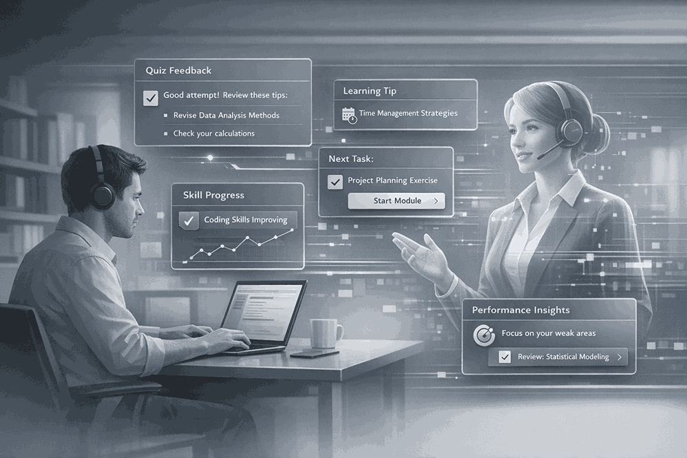 Professional illustration of an AI assistant providing personalized learning feedback, microlearning tips, performance insights, and next‑step guidance to a learner through sleek digital interface elements.
