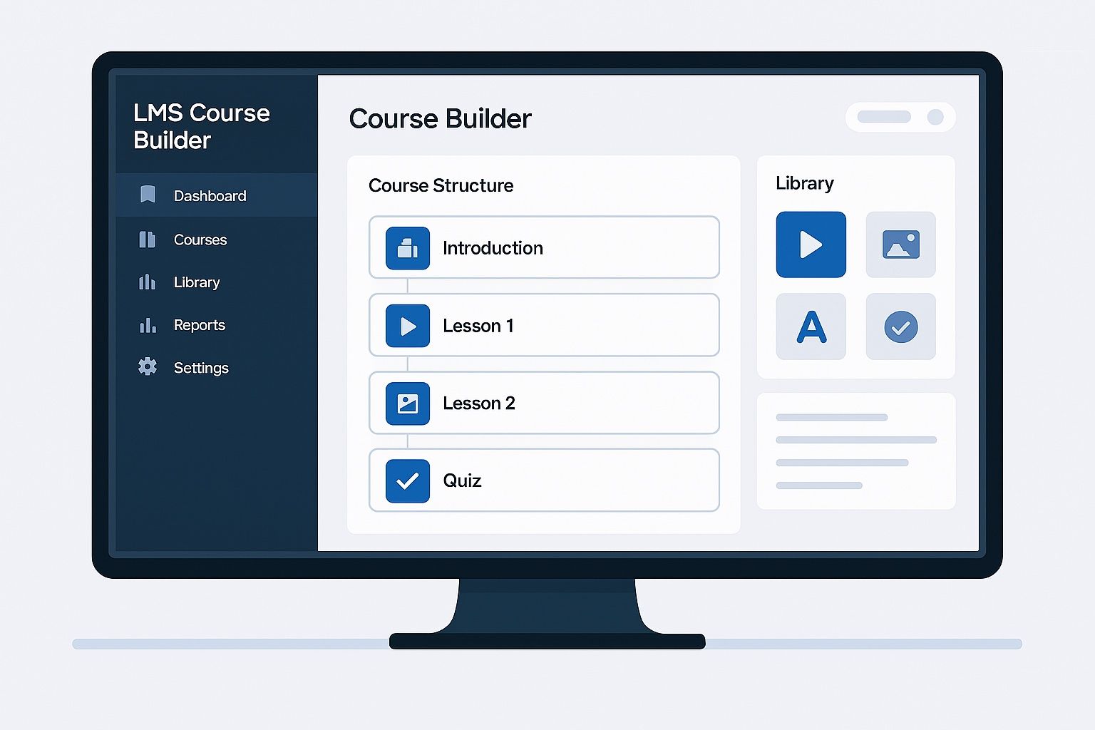 LMS course builder interface showing drag‑and‑drop modules, multimedia content blocks, and structured course layout.