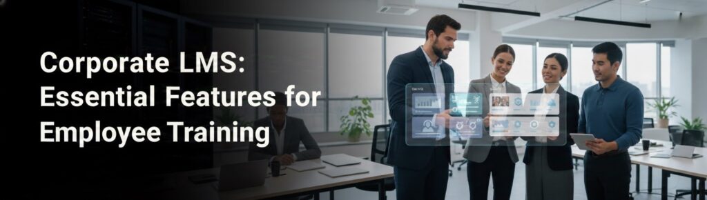 Modern corporate LMS interface, employees learning online, dashboards, training modules, professional enterprise look.