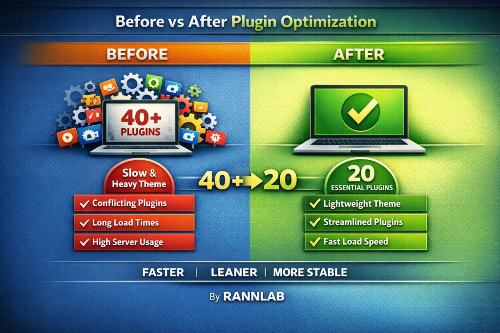 Before and after plugin optimization diagram for WordPress performance improvement