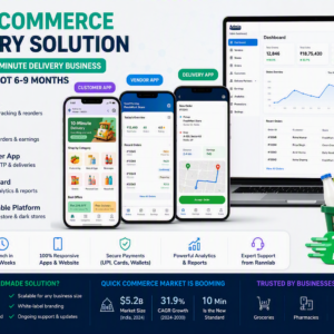 Quick commerce app suite showing customer, vendor, delivery partner and admin dashboard for 10-minute delivery