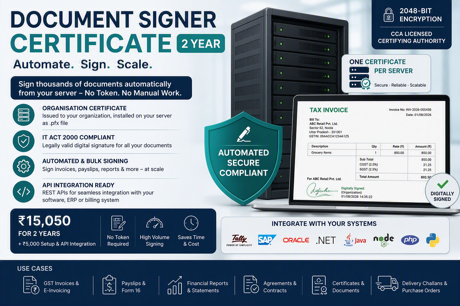 Document Signer Certificate (2 Year) — Automated Bulk Signing with API Setup 1 Document signer certificate 2 year installed on server automatically signing GST tax invoices without a USB token