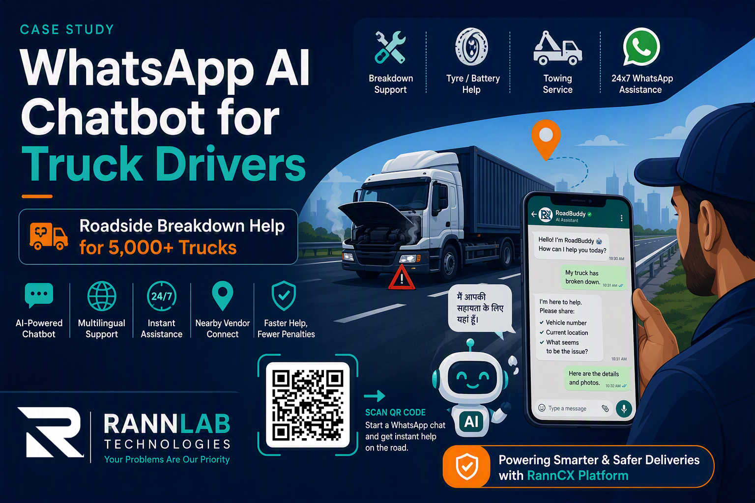 Blogs 10 WhatsApp AI chatbot for truck drivers — roadside breakdown help for 5,000+ trucks by RannLab