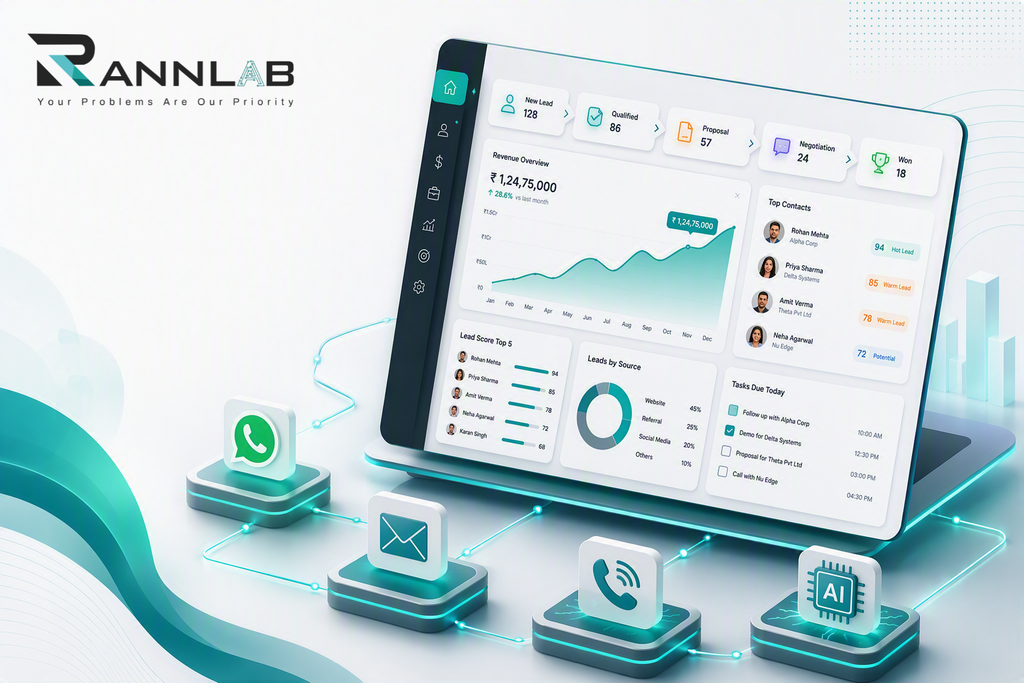 CRM Software Development Services in India: Cost, Features & How to Choose (2026) 2 CRM software development services 3D isometric dashboard
