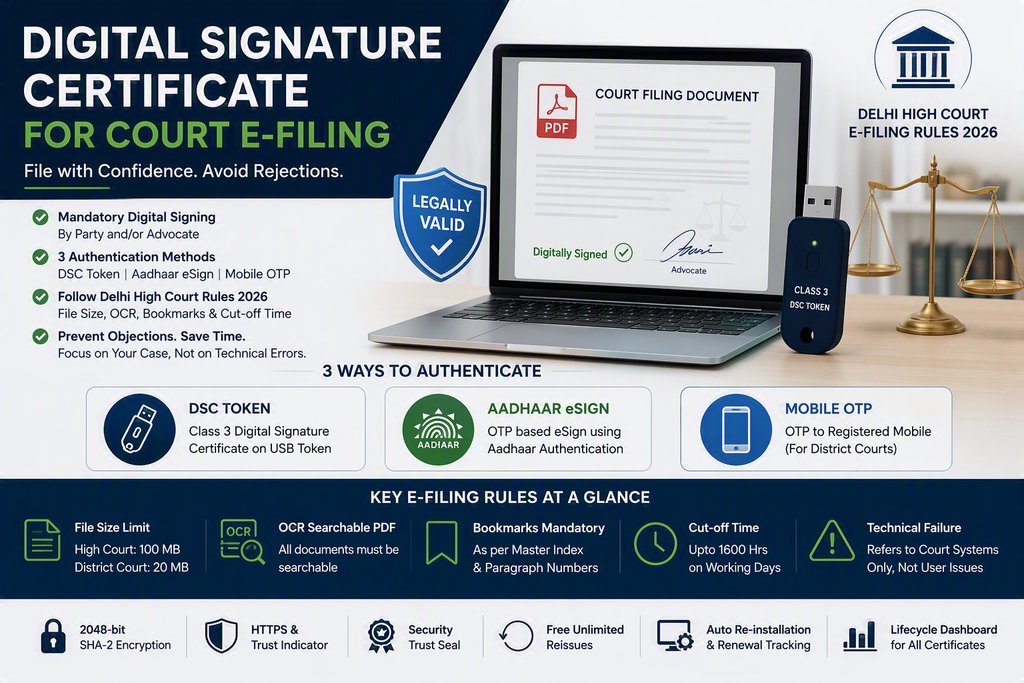 Digital Signature Certificate for Court E-Filing: The 2026 Guide for Advocates 1 Court e-filing authentication methods and rules — DSC token, Aadhaar eSign, mobile OTP, file size and OCR limits
