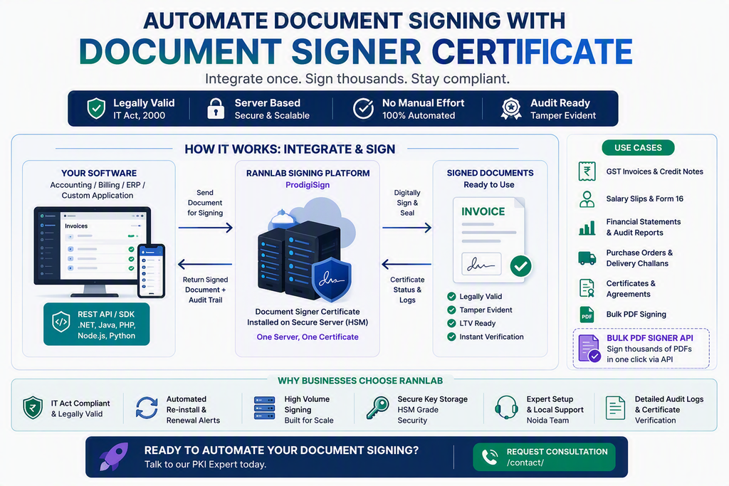 Document Signer Certificate: 7 Ways to Automate Signing Before the ITR Deadline 1 Document signer certificate API integration flow for bulk PDF signing in accounting, billing and ERP software