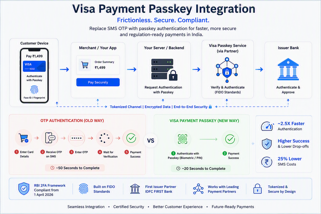 Visa Payment Passkey Integration for Indian Merchants: What It Actually Takes 1 Visa Payment Passkey integration flow from customer device through merchant and issuer bank compared with OTP checkout