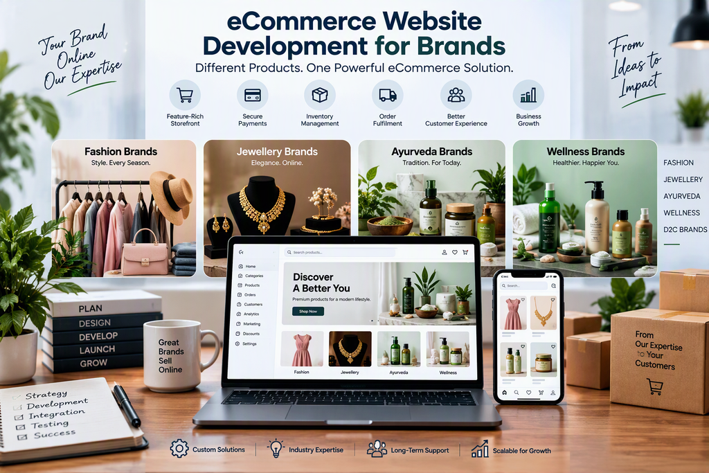 eCommerce website development for brands across fashion jewellery Ayurveda wellness and D2C businesses