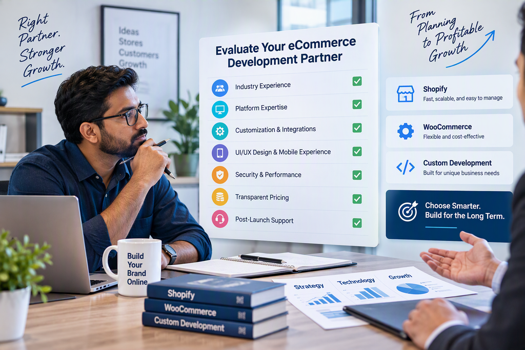 Business owner evaluating an eCommerce development partner using a platform and capability assessment checklist