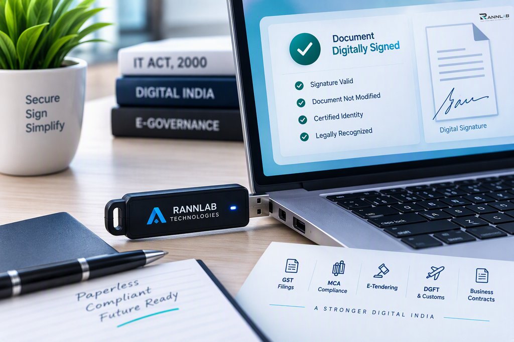 Digital signature certificate token plugged into a laptop
Image title: DSC USB Token Connected to Laptop