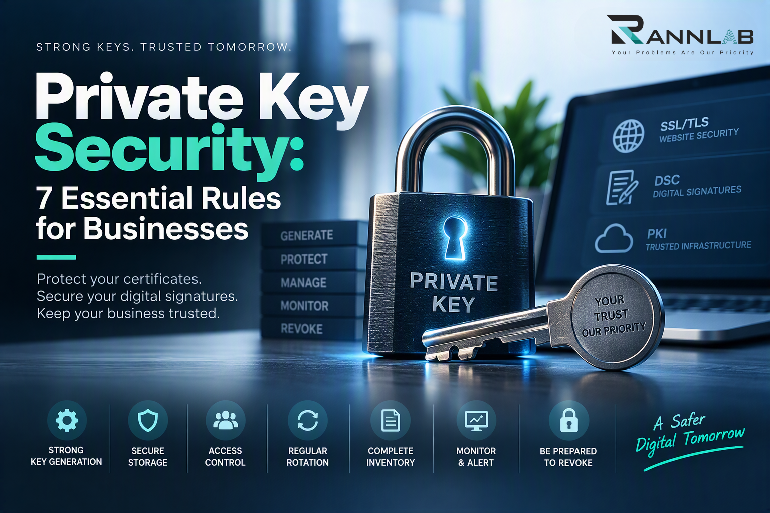 Change to: Private key security: 7 essential rules to protect certificates and digital signatures. "Guide by Rannlab" is branding, not a description of the image.
