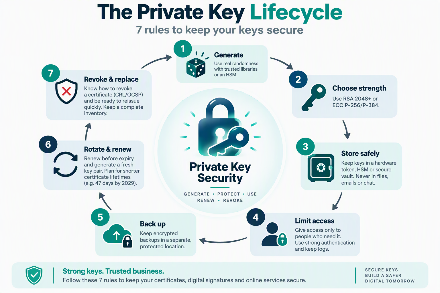 Private key lifecycle showing 7 security rules: generate, choose strength, store, limit access, back up, rotate and revoke